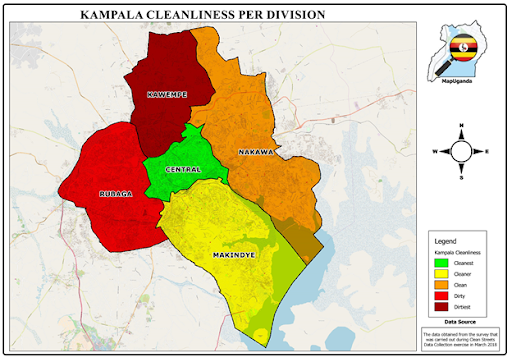 Map showing Kampala divisions based on the cleanest
